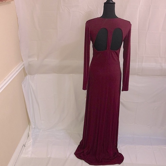 SKY Low-cut V-neck Long Sleeve Maxi Dress Burgundy Size XS - Picture 7 of 9